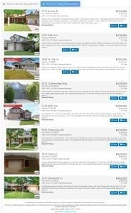 8 photos of home listings with price, brief descriptions, and a front view of each house