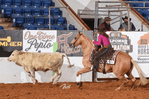 Kristi riding in a steer wrangler competition